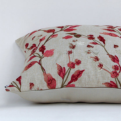 White cotton cushion cover with red botanical leaf print featuring premium cotton fabric texture and elegant stitched finish.