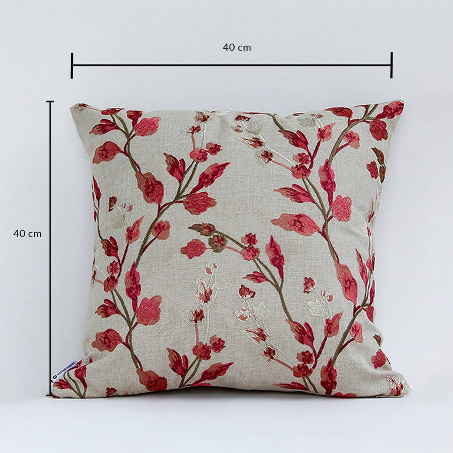 Floral cushion dimension image showing 40 cm height and 40 cm width suitable for sofa chair bed or lounge seating decor.