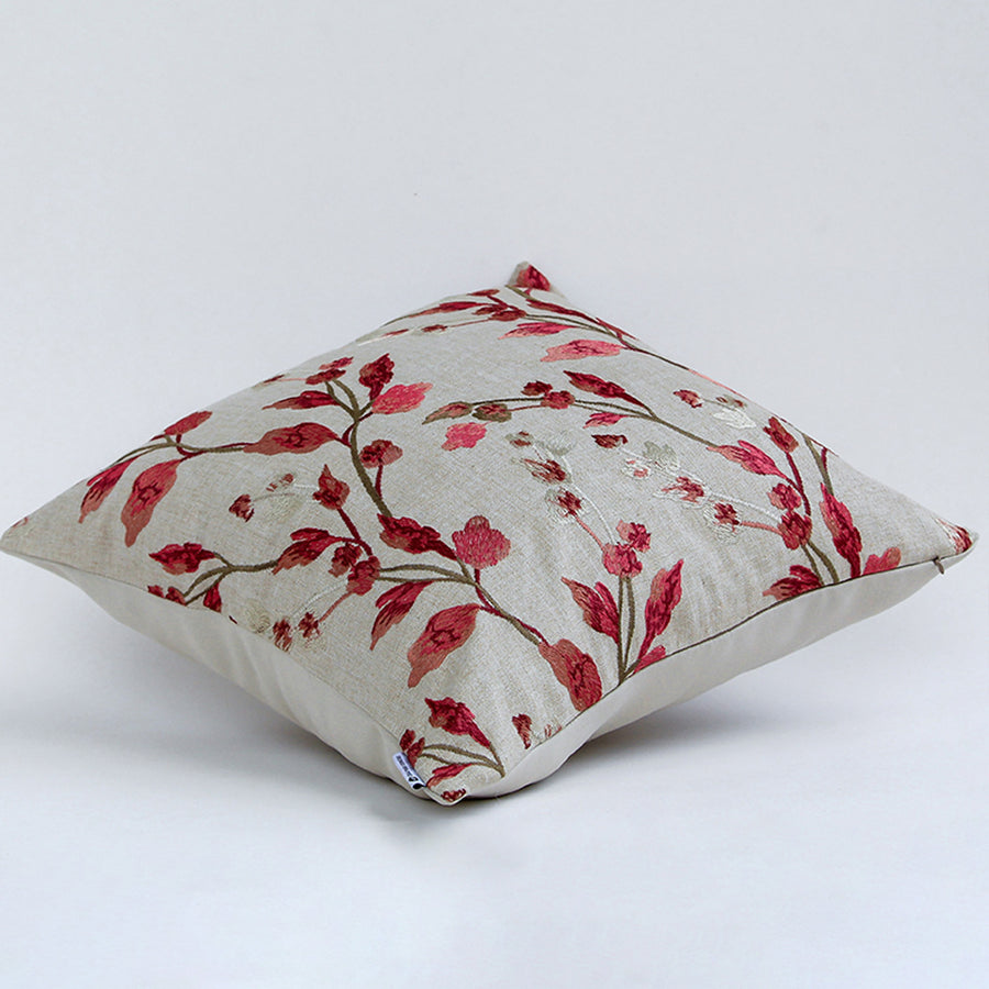 Side view of floral cushion showing thickness soft filling and stitched edges designed for sofa chair or bed decor use.