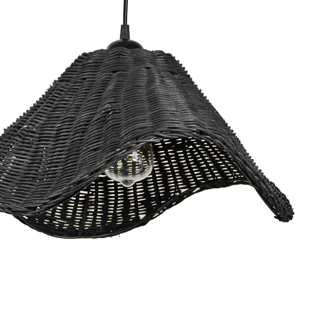 Closeup of black rattan pendant light showcasing detailed handwoven texture and elegant curved design.