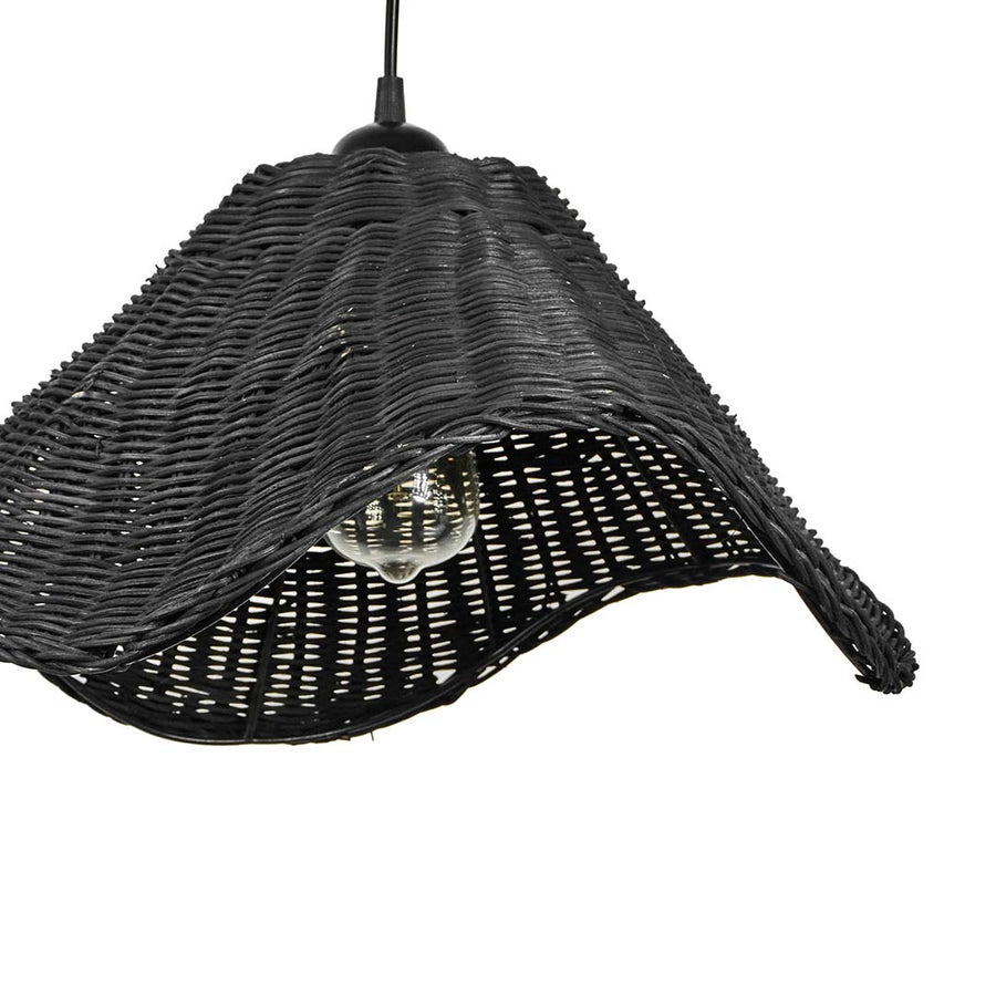 Closeup of black rattan pendant light showcasing detailed handwoven texture and elegant curved design.