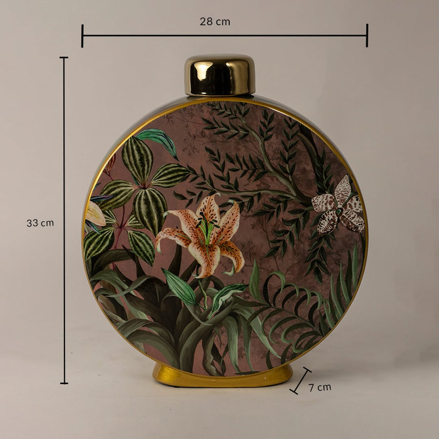 Round ceramic decorative jar with tropical floral artwork showing product dimensions for elegant home decor displays.