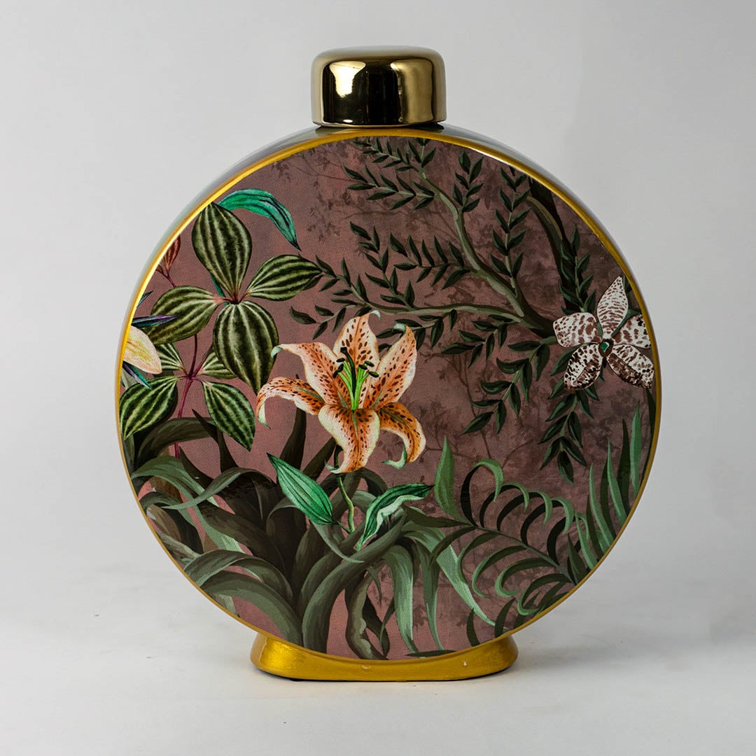 Botanical Bloom ceramic jar on plain white background highlighting its round shape and detailed floral artwork.