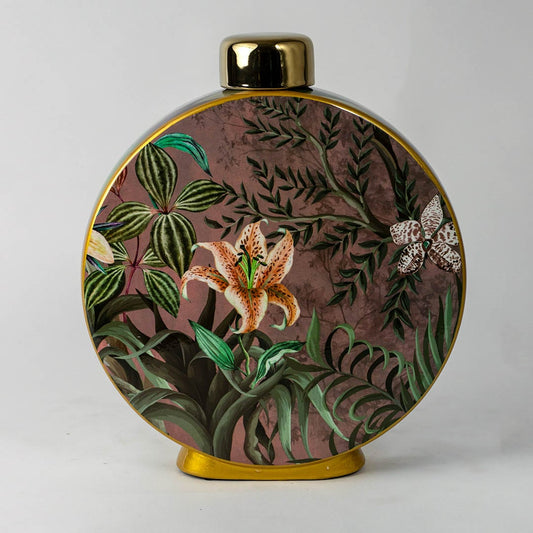 Botanical Bloom ceramic jar on plain white background highlighting its round shape and detailed floral artwork.