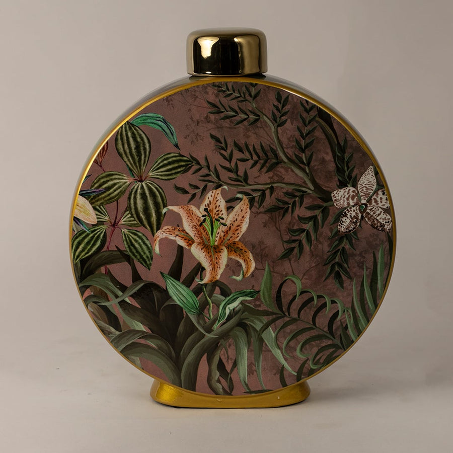 Botanical Bloom ceramic jar against a white background emphasizing its vivid floral design and golden top accent.
