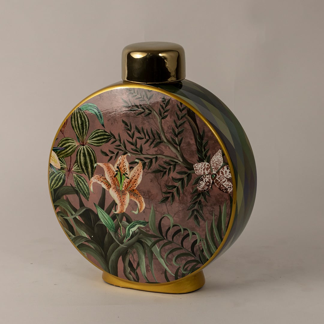 Side view of Botanical Bloom ceramic jar displaying smooth contours hand-painted floral pattern and golden edging.