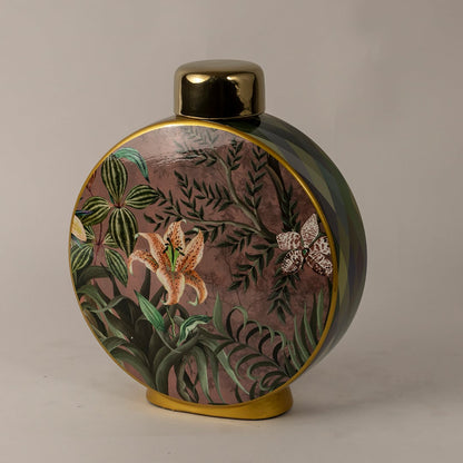 Side view of Botanical Bloom ceramic jar displaying smooth contours hand-painted floral pattern and golden edging.