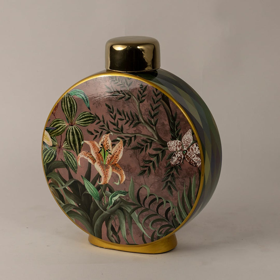Side view of Botanical Bloom ceramic jar displaying smooth contours hand-painted floral pattern and golden edging.