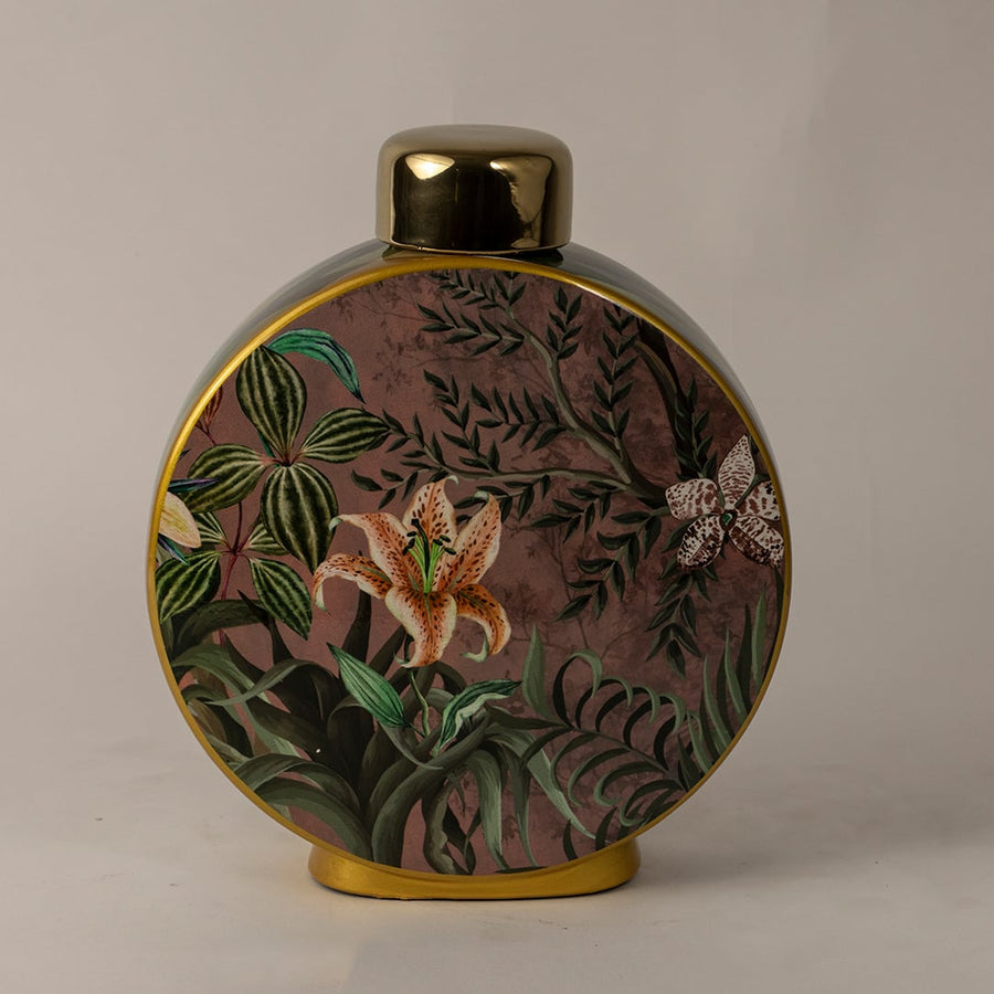Botanical Bloom ceramic jar photographed on a clean white background emphasizing its nature-inspired design and round shape.