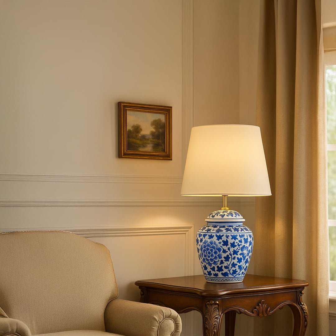 Elegant blue and white ceramic table lamp with warm light placed on a carved wooden side table in a classic living room setting.
