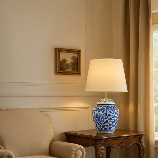 Elegant blue and white ceramic table lamp with warm light placed on a carved wooden side table in a classic living room setting.