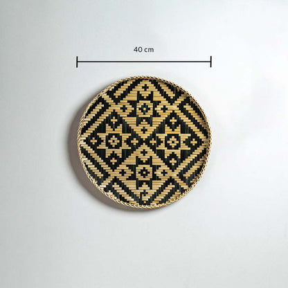 Round bamboo wall decor plate with geometric weave pattern shown with 40 cm diameter for accurate size reference.