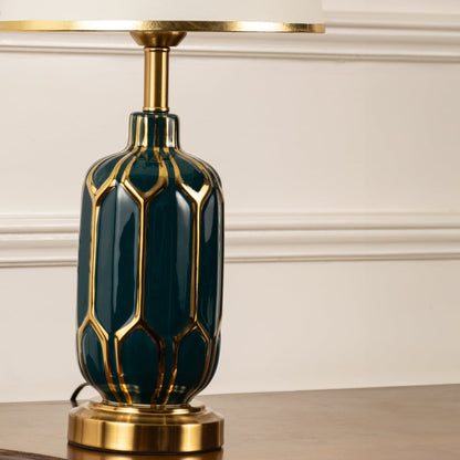 Table lamp closeup showing green ceramic base with gold detailing and white shade for refined interior styling.