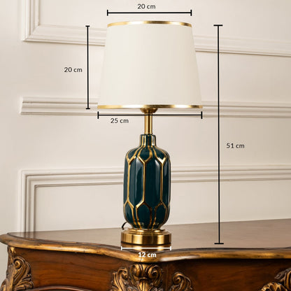 Table lamp with green and gold ceramic base and white shade shown with 20 cm top width 25 cm bottom width 12 cm base width and 51 cm height for accurate decor placement.