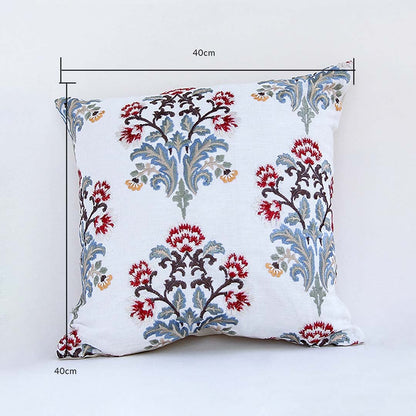 Soft cotton cushion cover with red and blue floral embroidery shown with visible dimensions of 40 cm by 40 cm offering a vibrant nature inspired décor accent with a breathable gentle and skin friendly fabric finish.