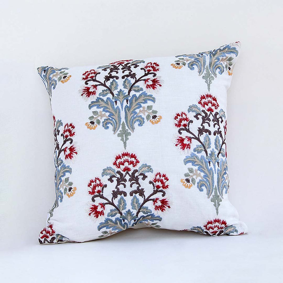 White cotton cushion cover with red floral print for sofa bedroom seating and elegant modern home decor styling.