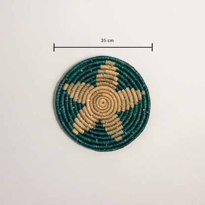 Medium round woven wall basket measuring 35 cm in diameter featuring natural beige coils and teal accents displayed on white.