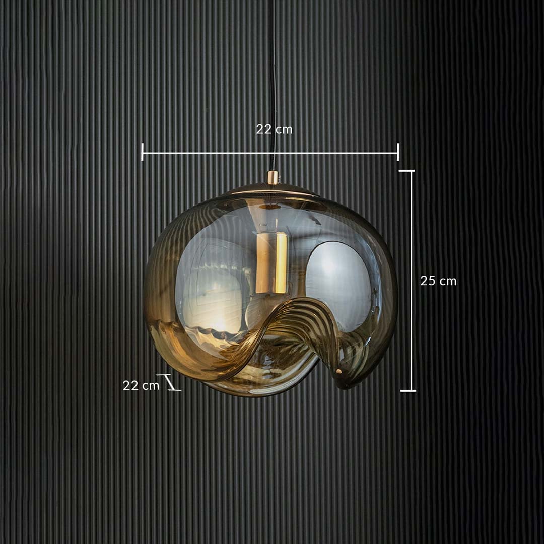 Glass pendant light with organic curved shape showing full measurements of 22 cm width 25 cm height and 22 cm depth clearly marked for accurate sizing.