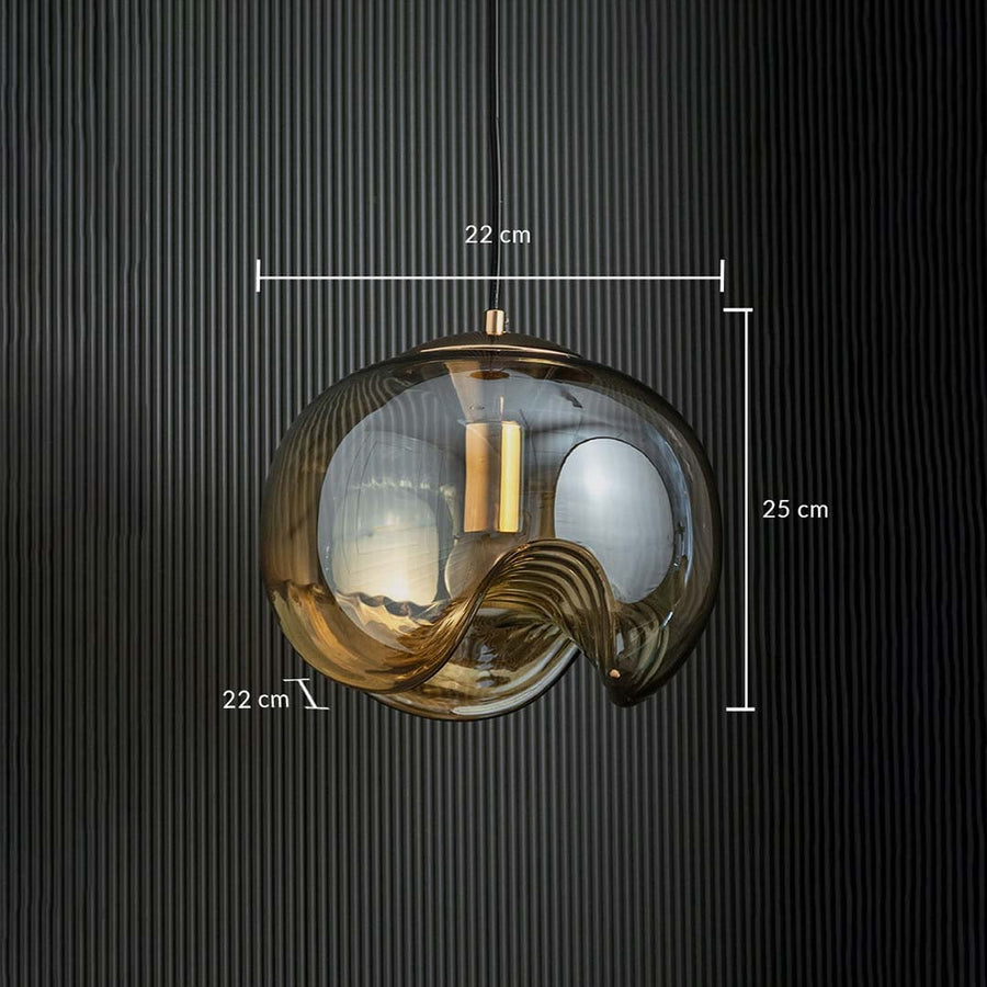 Glass pendant light with organic curved shape showing full measurements of 22 cm width 25 cm height and 22 cm depth clearly marked for accurate sizing.