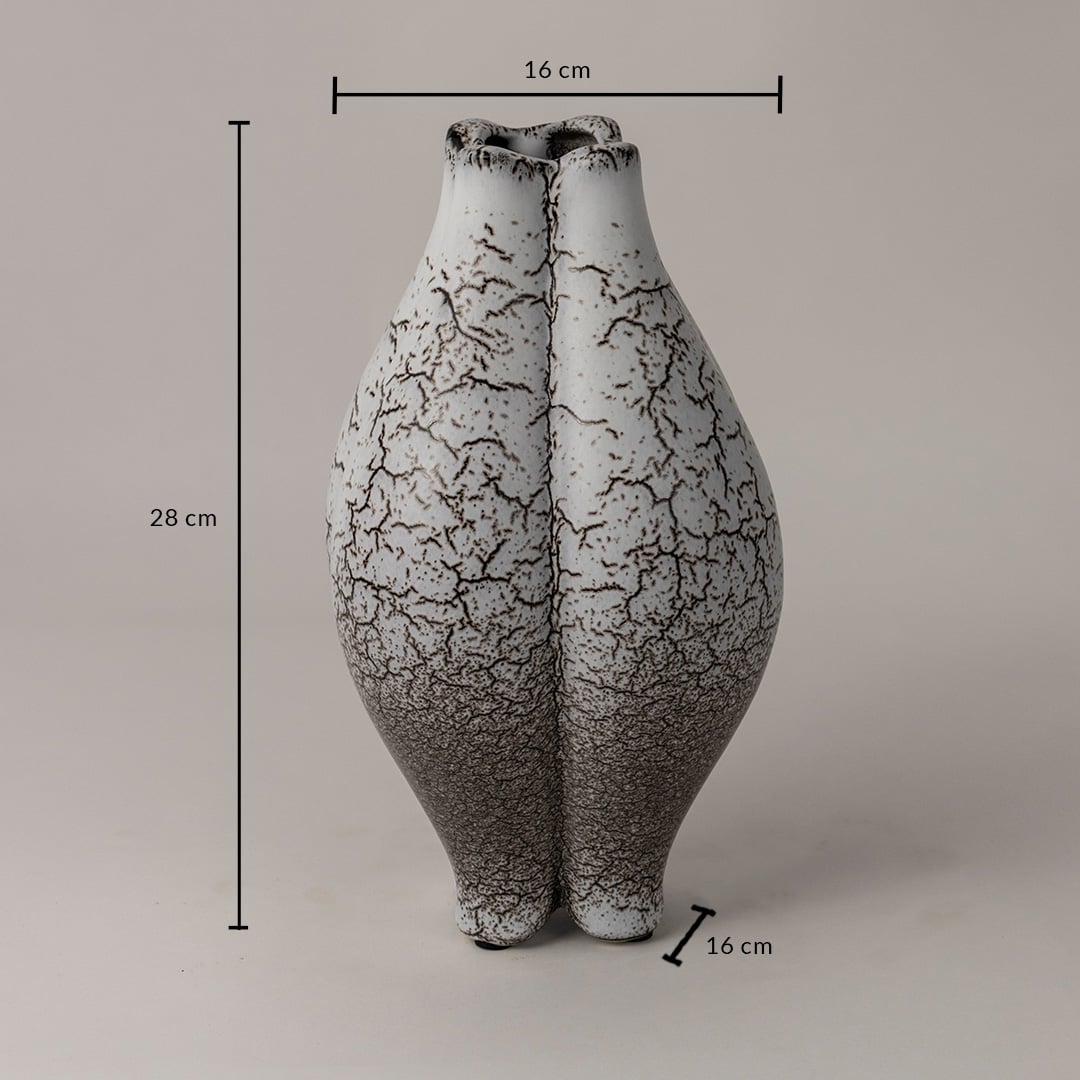 Crackle glazed ceramic vase with dimensions height 28 cm and width 16 cm featuring handcrafted crackle texture and sculptural form ideal for home styling.