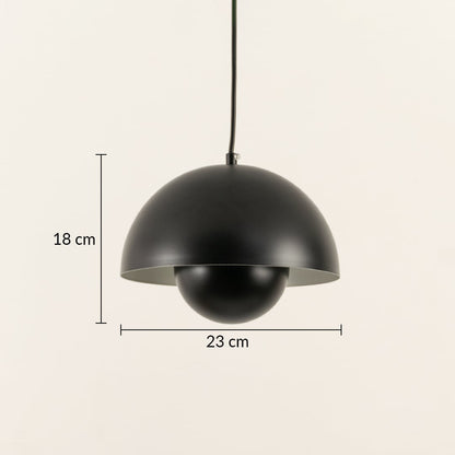 Black dome pendant light with dimensions 23 cm width and 18 cm height displayed on neutral background showing sleek curved form ideal for dining or living areas.