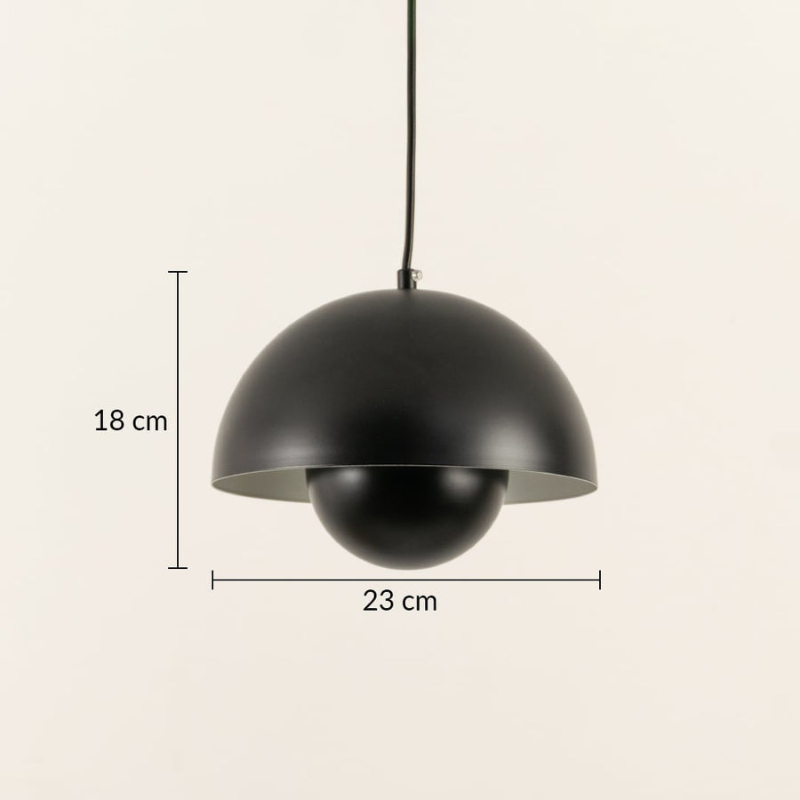 Black dome pendant light with dimensions 23 cm width and 18 cm height displayed on neutral background showing sleek curved form ideal for dining or living areas.