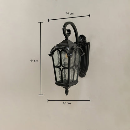 Outdoor lantern showing dimensions of 44 cm height 26 cm width and 16 cm depth with clear textured glass.