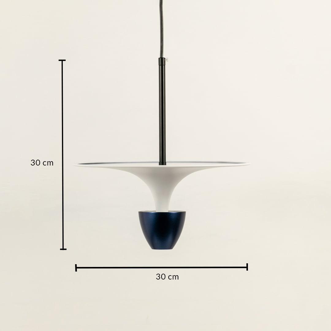 White metal disc pendant light dimension image with 30 cm width and 30 cm height for modern dining room placement.