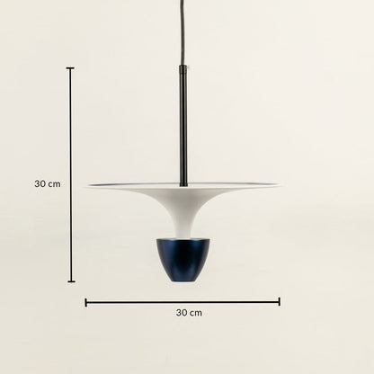 White metal disc pendant light dimension image with 30 cm width and 30 cm height for modern dining room placement.