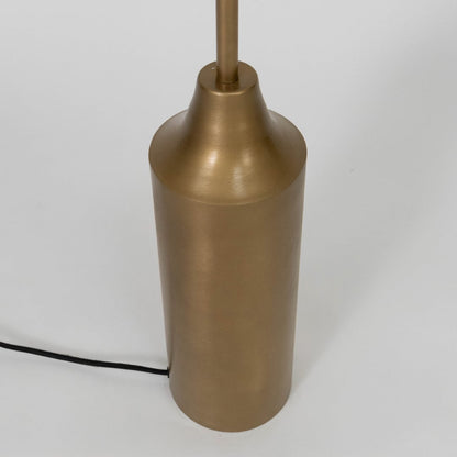 Elegant floor lamp with conical white shade and brushed brass cylindrical base ideal for modern home lighting decor.