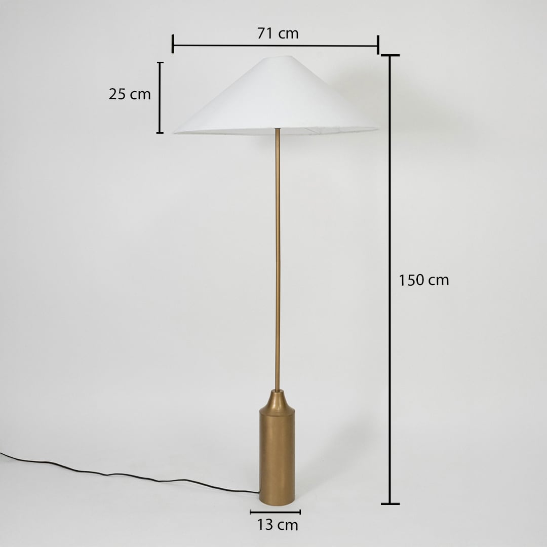 Floor lamp with 150 cm height 71 cm shade width and 13 cm base diameter shown with complete measurements.