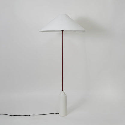 Floor lamp with white conical shade maroon pole and white base shown against plain background for clean product view.