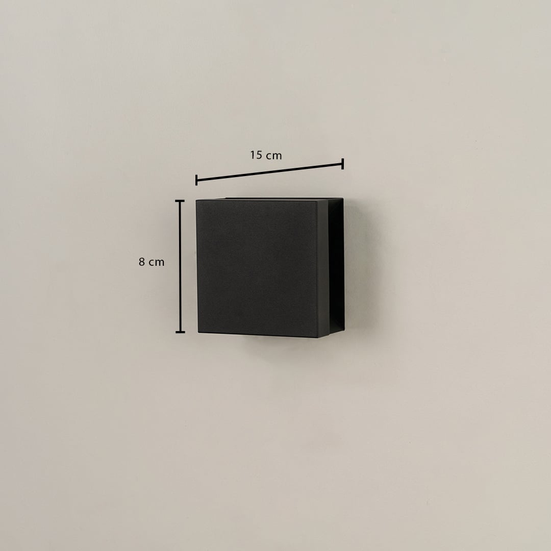 Dimension image of black square wall light showing width 15 cm and height 8 cm suitable for modern exterior home lighting.
