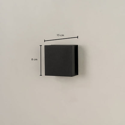 Dimension image of black square wall light showing width 15 cm and height 8 cm suitable for modern exterior home lighting.