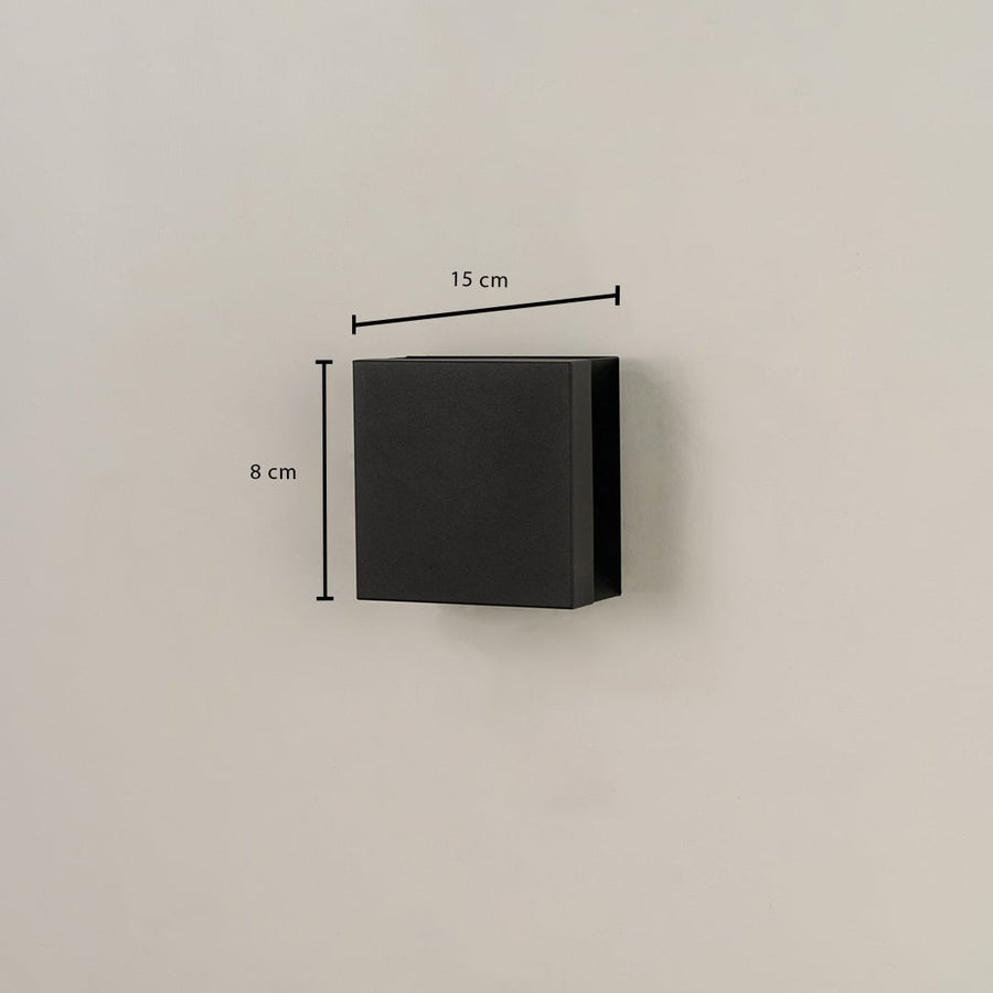Dimension image of black square wall light showing width 15 cm and height 8 cm suitable for modern exterior home lighting.