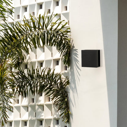 Sleek black square modern outdoor wall lamp installed on exterior white decorative breeze block wall near palm tree leaves.