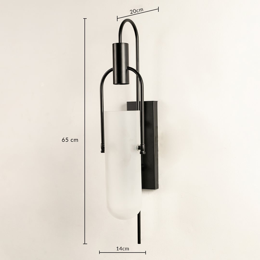 Modern black wall light showing 65 cm height 14 cm width and 20 cm depth for accurate measurements.