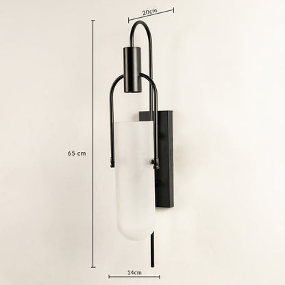 Modern black wall light showing 65 cm height 14 cm width and 20 cm depth for accurate measurements.