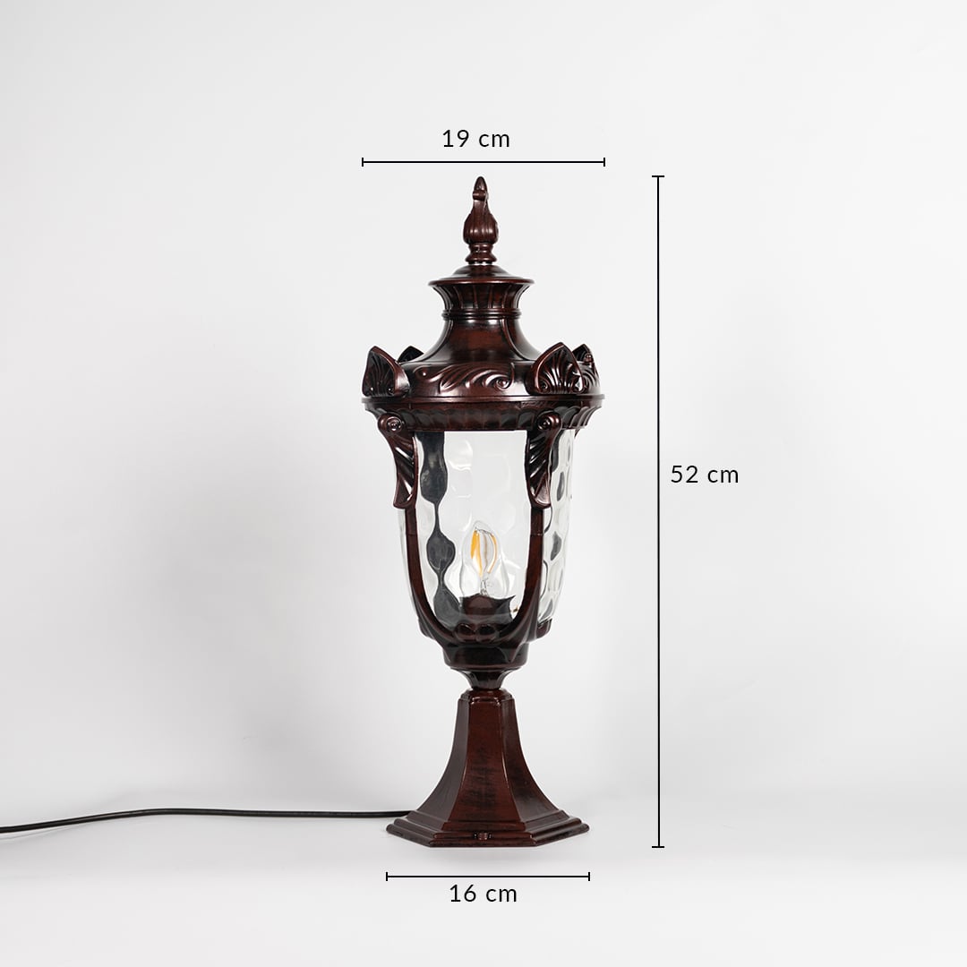 Brown pillar lamp shown with dimensions height 52cm width 19cm base 16cm designed for outdoor entrance and garden lighting.