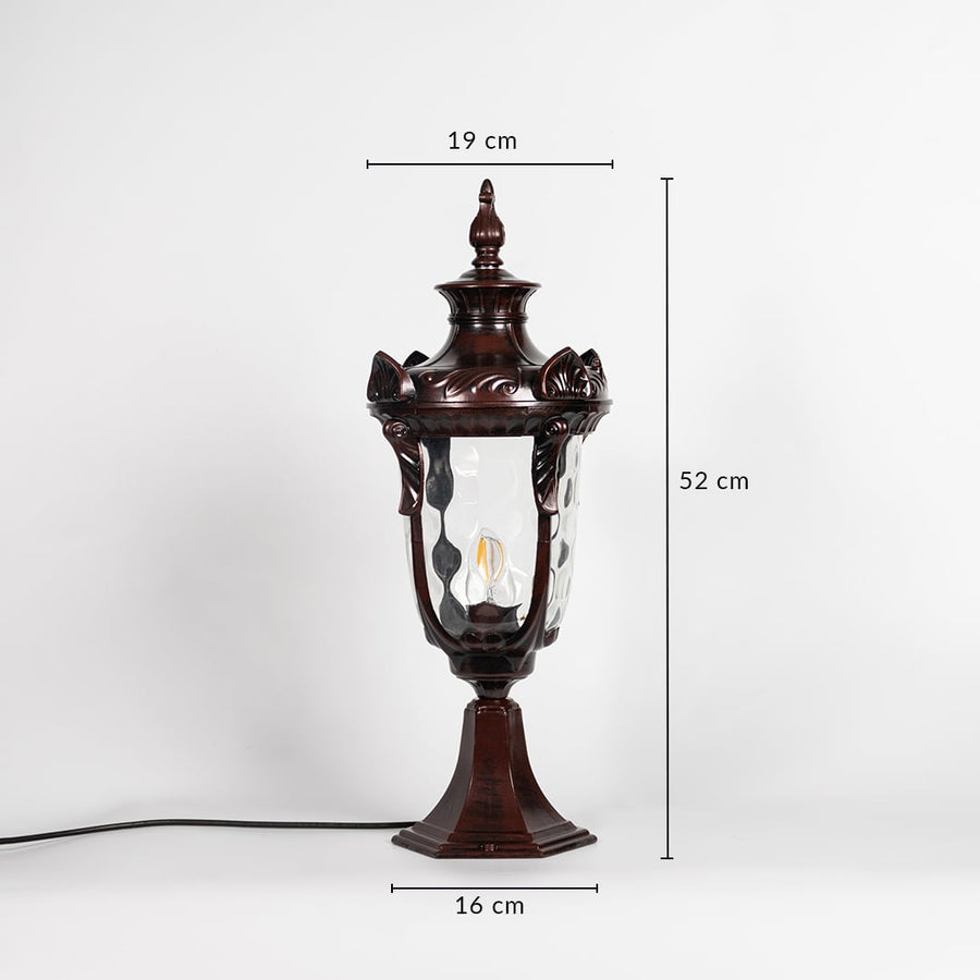 Brown pillar lamp shown with dimensions height 52cm width 19cm base 16cm designed for outdoor entrance and garden lighting.