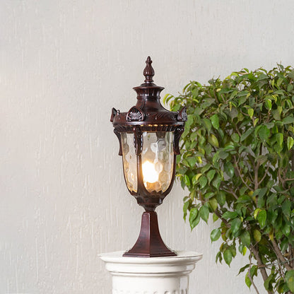 Vintage outdoor gate light with warm glow styled beside green plants for elegant exterior decor ambiance.