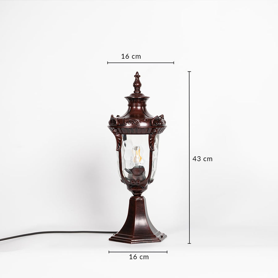 Antique brown pillar light with patterned clear glass measuring 43 cm height and 16 cm width ideal for outdoor pillar decor.