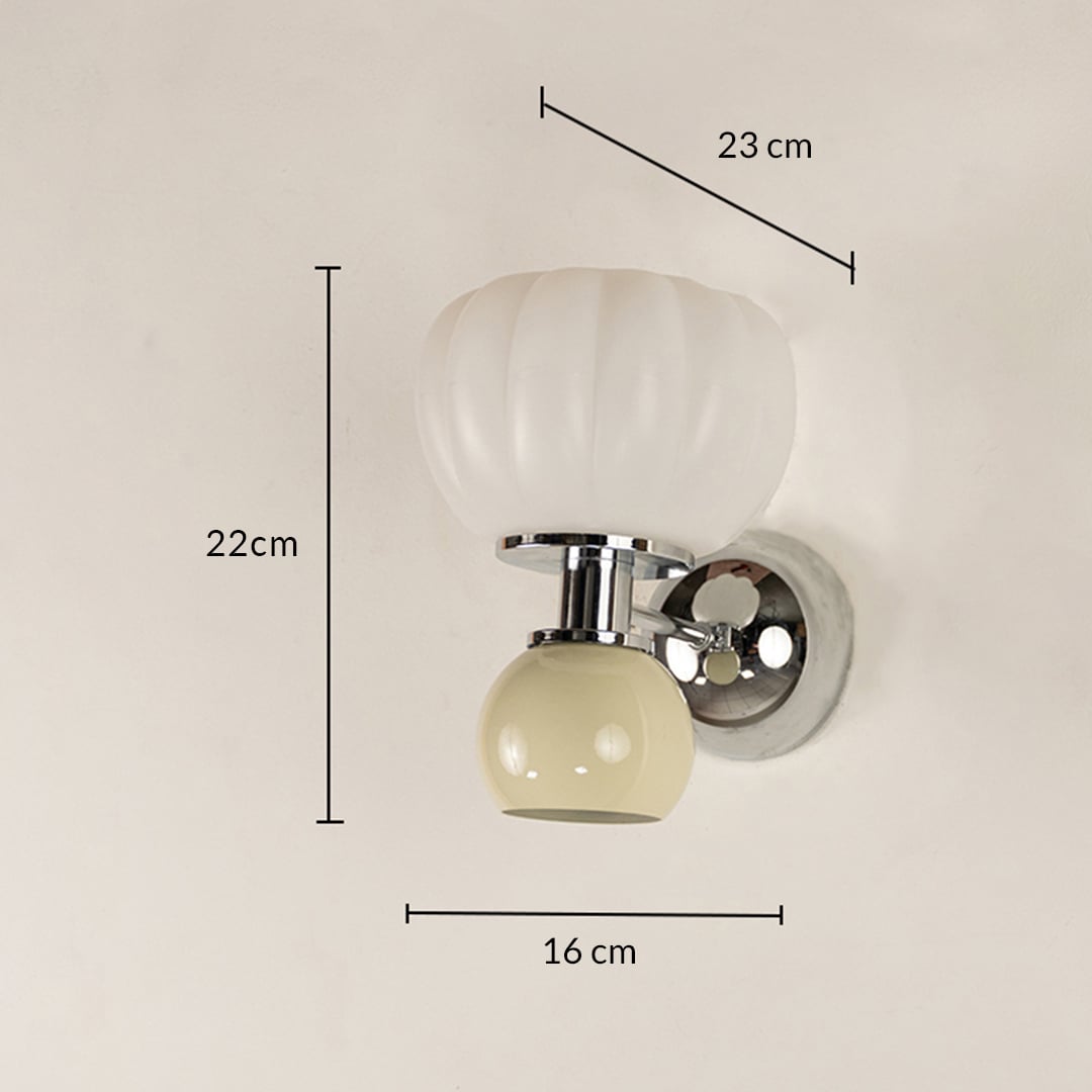 Wall mounted glass light with white ribbed shade and chrome base showing 22 cm height 22 cm width and 16 cm projection.