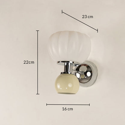 Wall mounted glass light with white ribbed shade and chrome base showing 22 cm height 22 cm width and 16 cm projection.