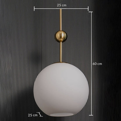 A gold and white glass pendant light shown with 25 cm width and 60 cm height measurements highlighting its modern tall silhouette and round shade.