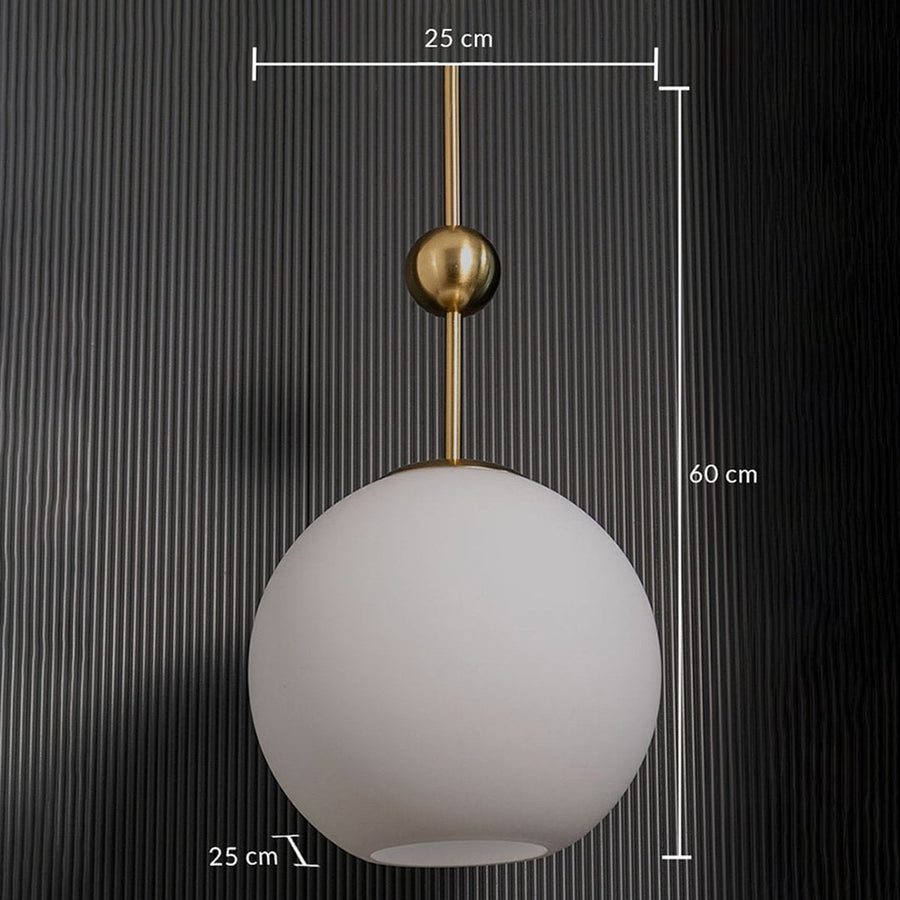 A gold and white glass pendant light shown with 25 cm width and 60 cm height measurements highlighting its modern tall silhouette and round shade.