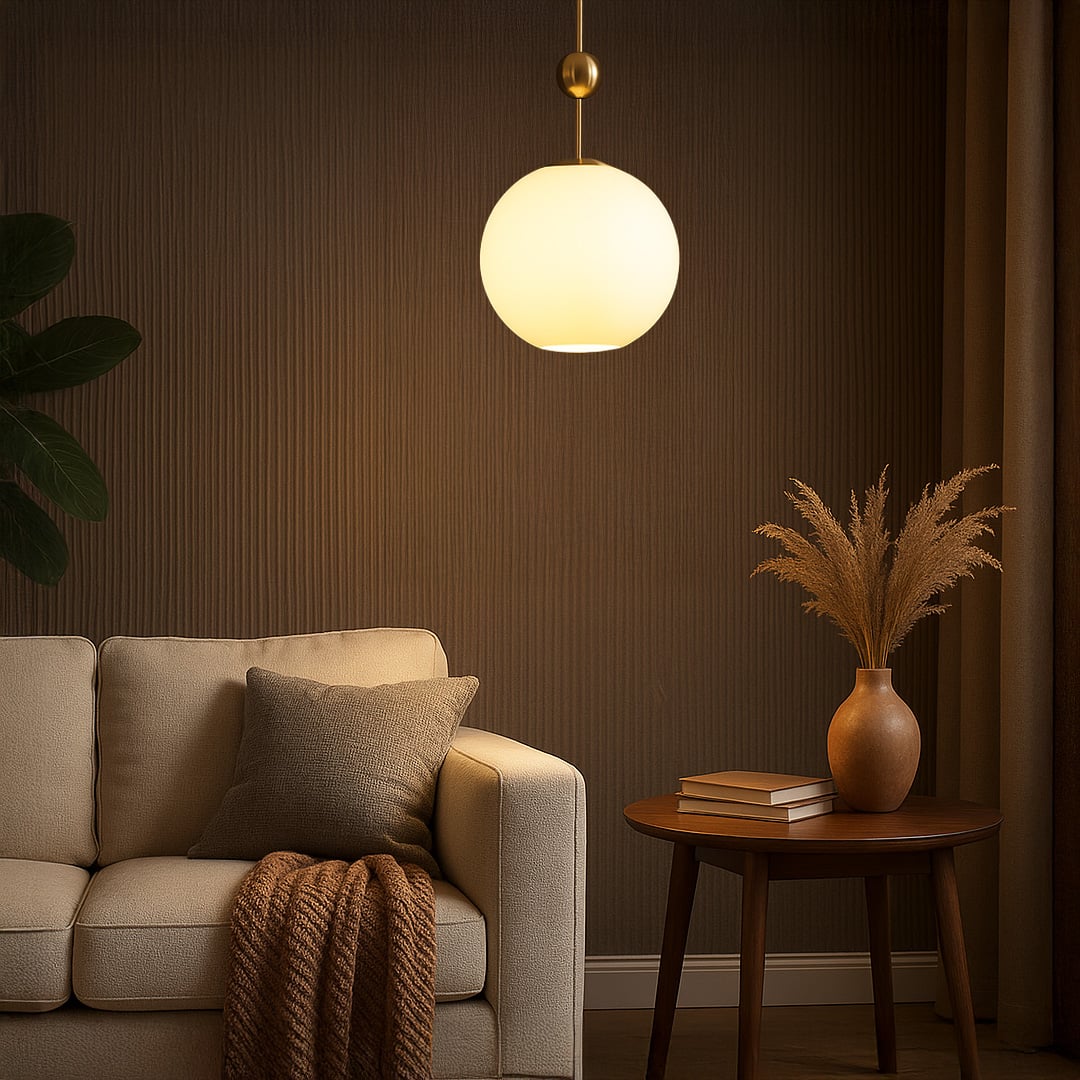A modern gold and white glass pendant light glowing warmly above a cozy sofa creating soft ambient lighting ideal for living rooms bedrooms and lounge areas.