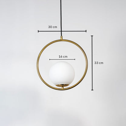 A circular pendant lamp displayed on a white background showing its measurements clearly marked as 30 cm width 33 cm height and 16 cm globe diameter for accurate size reference.