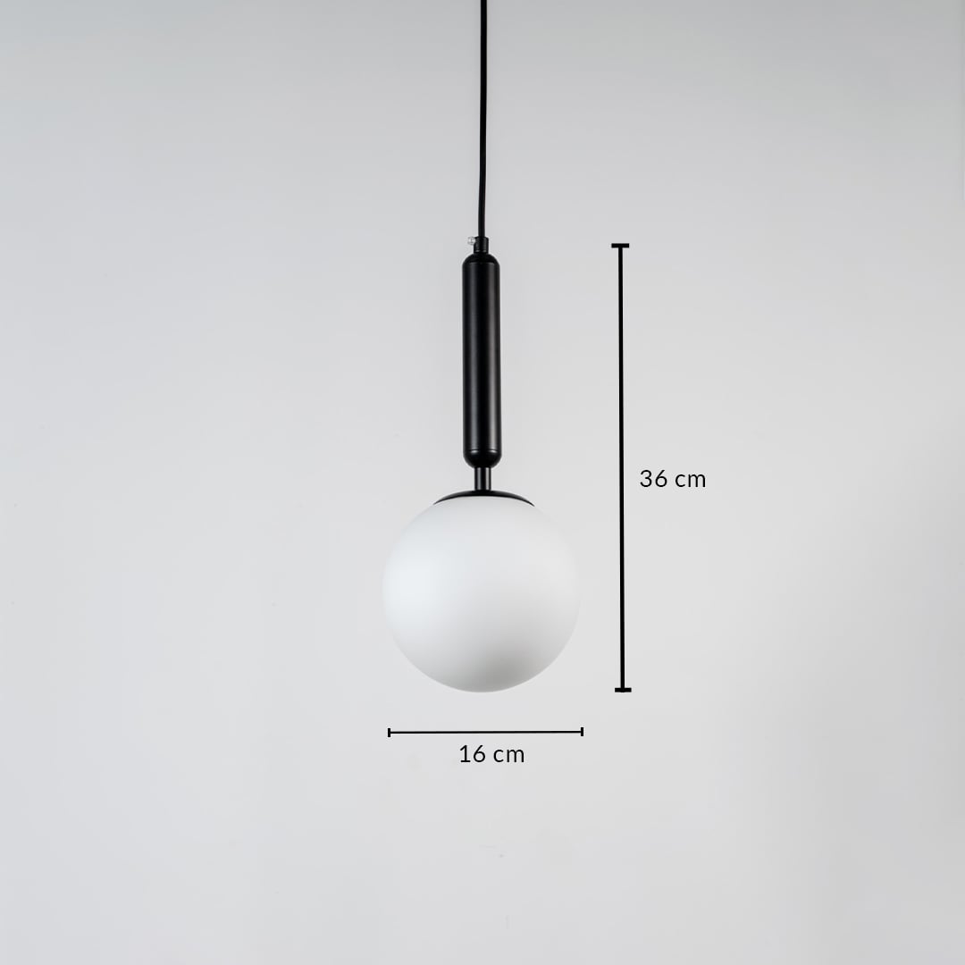 White glass globe pendant light measuring 14 cm width and 26.6 cm height crafted for sophisticated ceiling lighting decor.