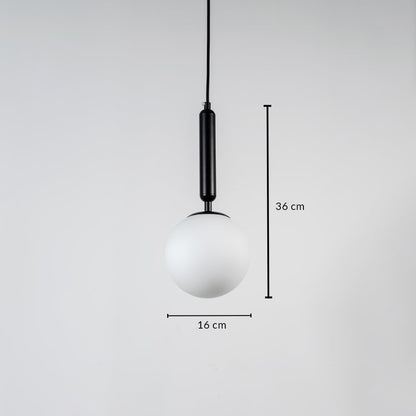 White glass globe pendant light measuring 14 cm width and 26.6 cm height crafted for sophisticated ceiling lighting decor.